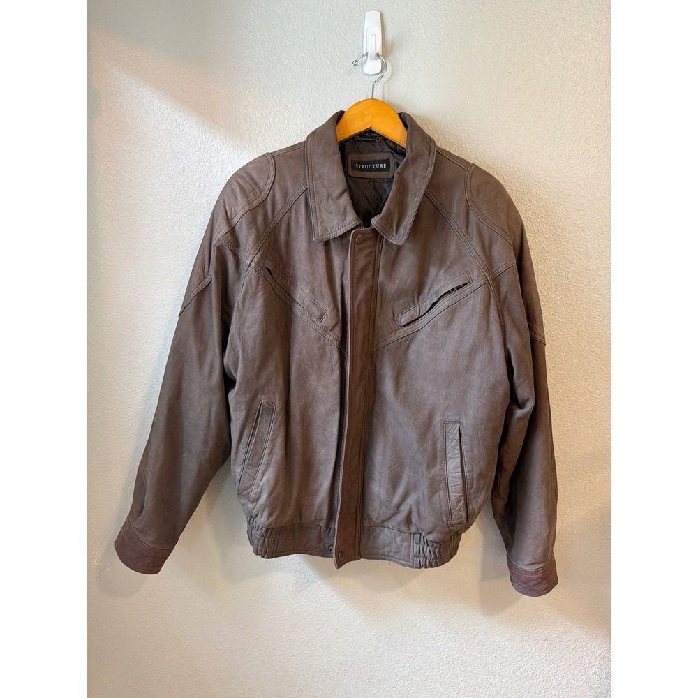 Structure Leather Bomber Jacket Mens Large Brown Vintage 90s Quilted Aviator